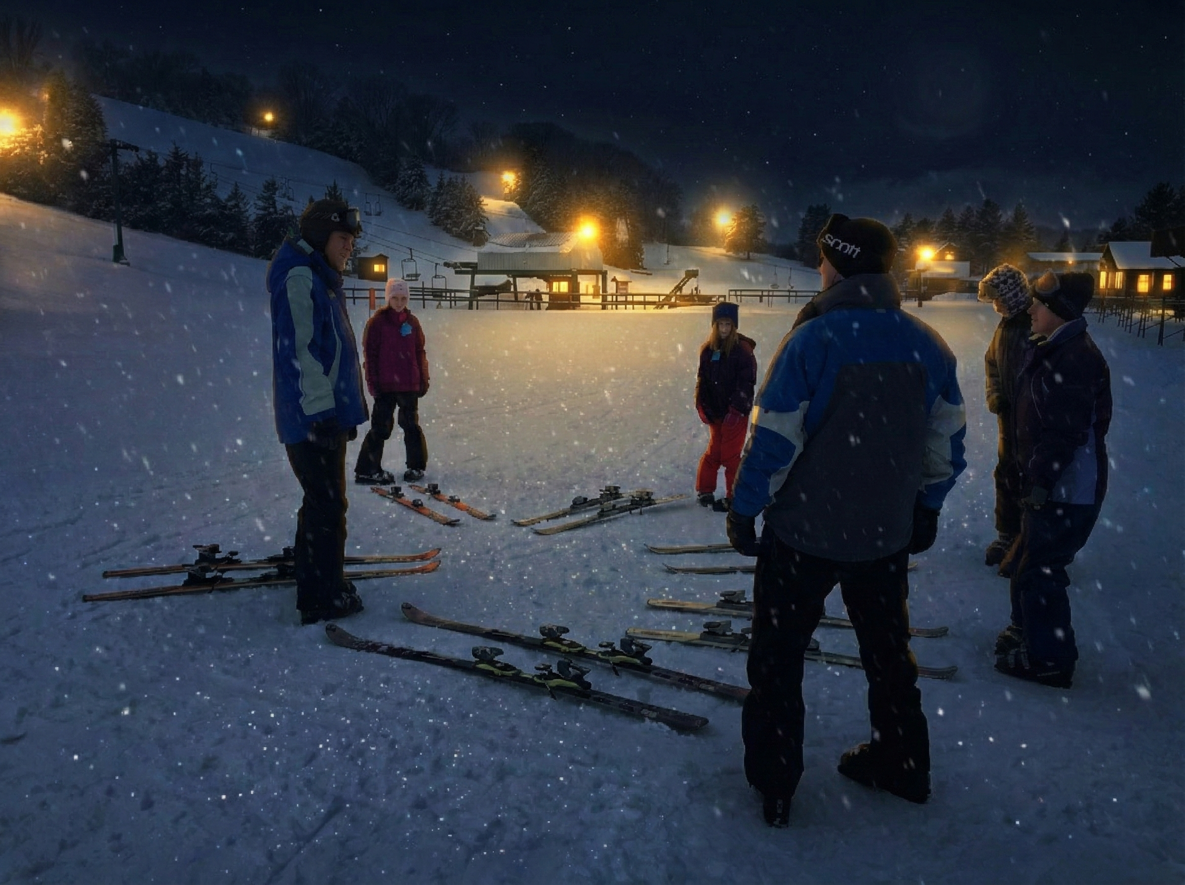 Ski instructor talking to students